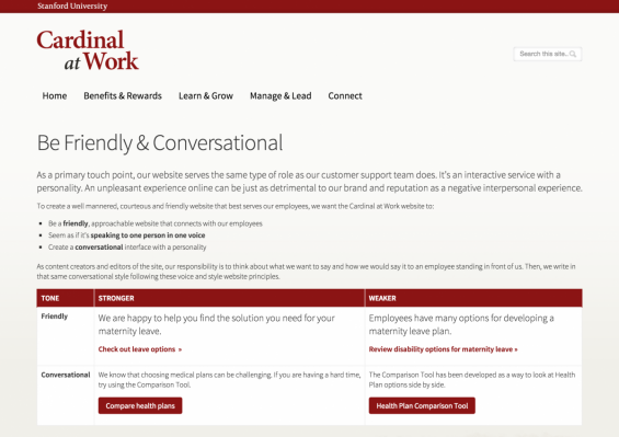 screenshot of Style Guide with the page title "Be Friendly and Conversational"